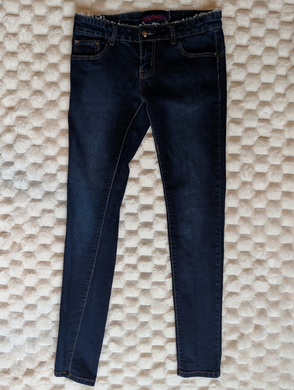 Y2K Vinizbena Dark Wash Skinny Jeans Fringed Waist Butterfly Button Size 7